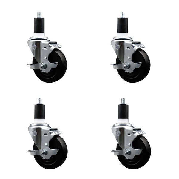 4'' Soft Rubber Swivel 1-1/2'' Expanding Stem Caster Set with Brake, 4PK